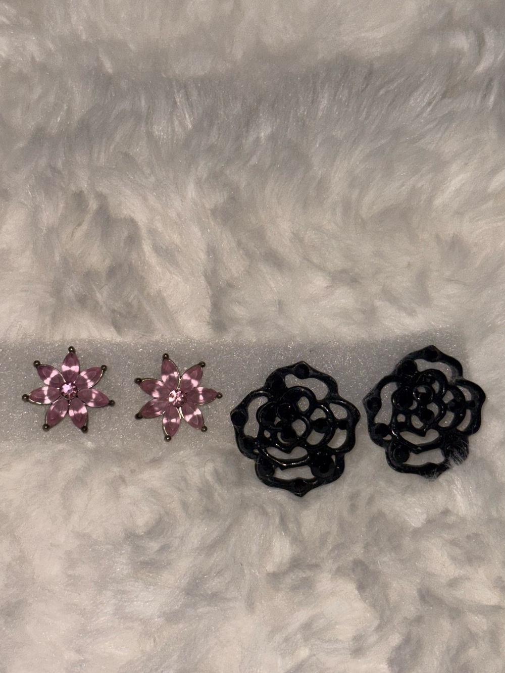 Pink Crystal Flower Studs + Black Floral Cutout Earrings - Duo Pack